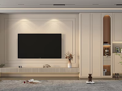 Modern TV Background Wall Interior With White Built-in Design Cabinet Decorations Vase And Stylish Rug 3d model
