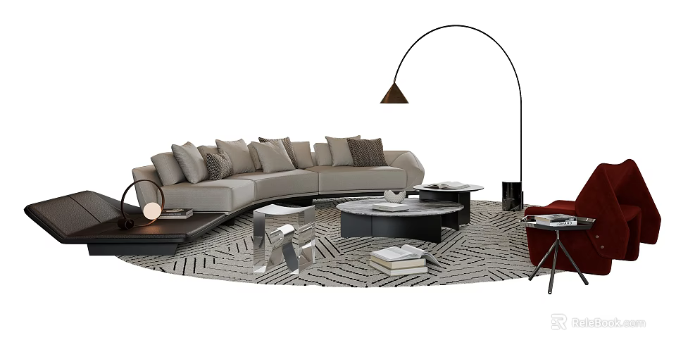 Modern Light Gray L Sofa with Cushions and Glass Top Coffee Table Set on Rug 3d model 