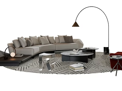 Modern Light Gray L Sofa with Cushions and Glass Top Coffee Table Set on Rug 3d model