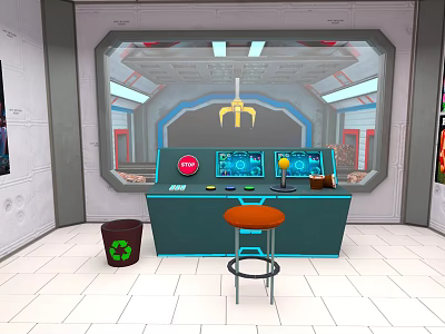 Modern Space Station Control Room With Console Screens Red Button And Stool 3d model