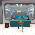 Modern Space Station Control Room With Console Screens Red Button And Stool 3d model