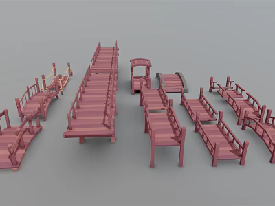 Red Wooden Bridge Models With Various Styles Railings And Pavilion Like Structures 3d model