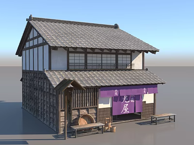 Traditional Japanese Commercial Complex Shop Featuring Wooden Structure Tile Roof And Purple Sign 3d model