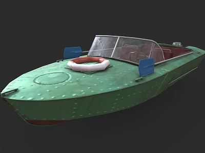 Vintage Green Yacht With Life Ring Windshield And Blue Parts 3d model