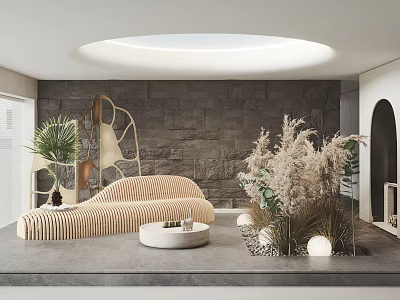 Modern Lounge Area Interior With Curved Sofa Green Plants Stone Wall And Round Lighting 3d model