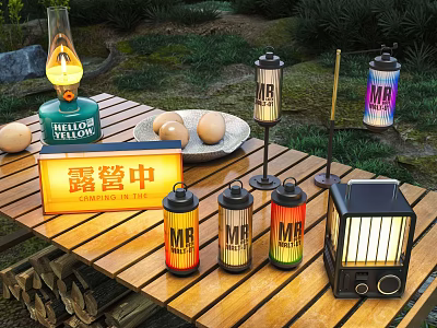 Outdoor Camping Candle Lamps With Various Styles And Colors On Wooden Table 3d model