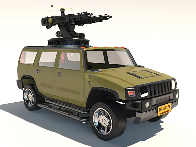 Olive Green Military Utility Vehicle With Roof Mounted Weapon And Off Road Tires 3d model