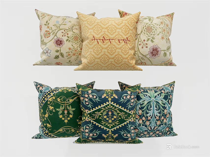 Decorative Throw Pillows with Floral and Geometric Patterns in Green Blue Beige 3d model