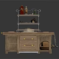 Wooden Kitchen Table With Multi Tiered Rack Condiment Bottles Plates Drawers And Utensils