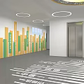 Modern Elevator Lobby With Black Doors Circular Lights And Wall Decorations 3d model