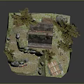 Cartoon Scene With Stone House Surrounded By Trees Small Shed Bicycle And Rocks