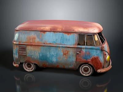 Old Rusty Vintage Van With Blue Red Exterior And Weathered Paint 3d model