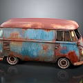 Old Rusty Vintage Van With Blue Red Exterior And Weathered Paint