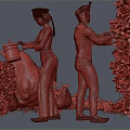Two People In Traditional Costumes Watering And Trimming Plants In Garden
