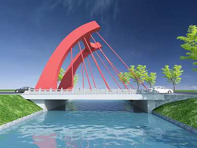 Red Arch Bridge Spanning River With Green Grass Trees And Vehicles Crossing 3d model