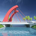 Red Arch Bridge Spanning River With Green Grass Trees And Vehicles Crossing 3d model