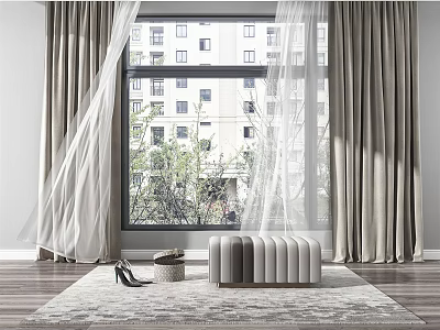 Gray Curtains And Sheer Panels In Room With Window Tree View Carpet And Stool 3d model