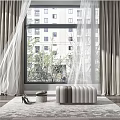 Gray Curtains And Sheer Panels In Room With Window Tree View Carpet And Stool