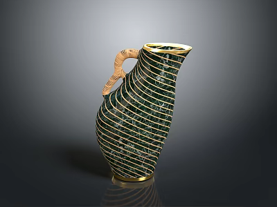 Green Striped Ceramic Vase With Curved Handle And Gold Accents For Home Decor 3d model