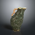 Green Striped Ceramic Vase With Curved Handle And Gold Accents For Home Decor
