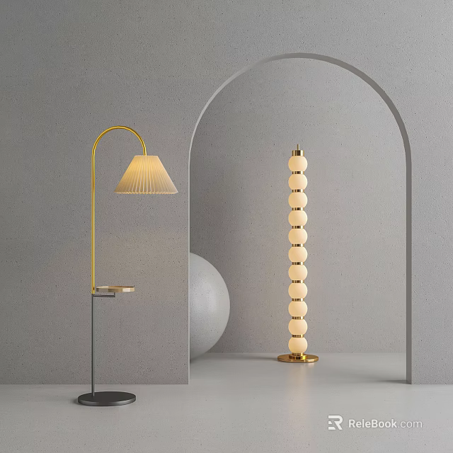 Two Modern Floor Lamps With Curved Pleated Shade And Stacked Spherical Design In Gray Arched Interior 3d model 
