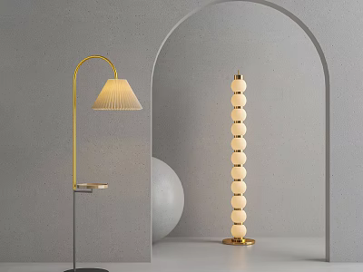 Two Modern Floor Lamps With Curved Pleated Shade And Stacked Spherical Design In Gray Arched Interior 3d model