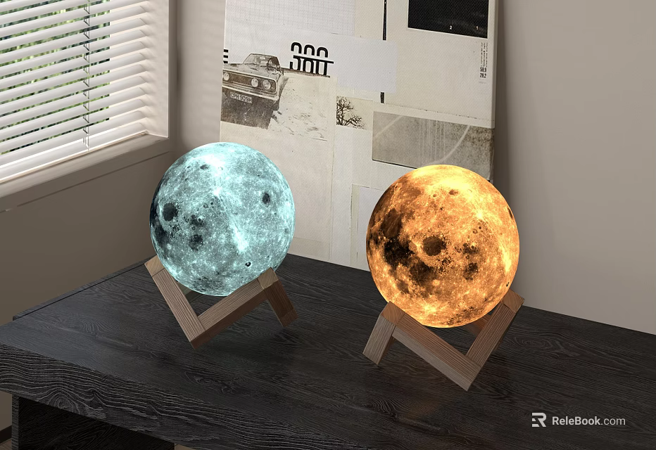 Modern Moon Shaped Table Lamp with Wooden Stand and Two Colors for Room Decor 3d model 
