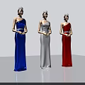 Three Women Wearing One Shoulder Blue White Red Dresses With Tiaras Hands Clasped In Front