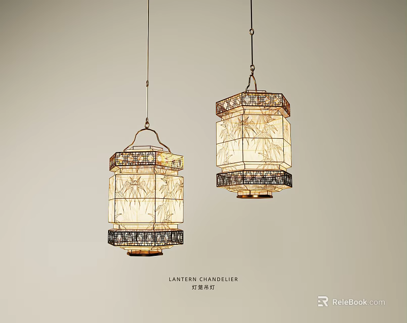 Traditional Chinese Style Hanging Chandeliers With Bamboo Pattern And Lantern Design 3d model 