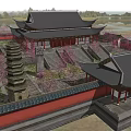 Traditional Chinese Ancient Architecture With Black Roof Red Doors Pillars Stone Steps And Pink Flowering Trees