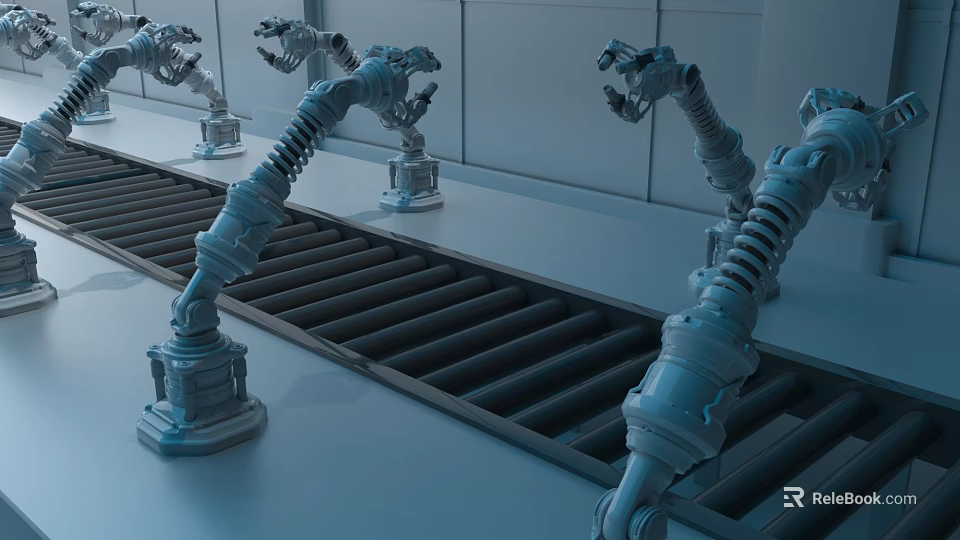Intelligent Robotic Arms Working on Conveyor Belt in Automated Production Line 3d model 