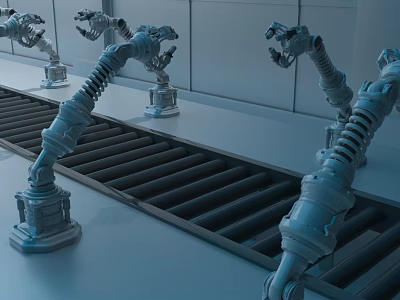 Intelligent Robotic Arms Working on Conveyor Belt in Automated Production Line 3d model