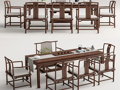 Traditional Chinese Wooden Tea Table And Chairs With Cushioned Seats And Tea Decor 3d model