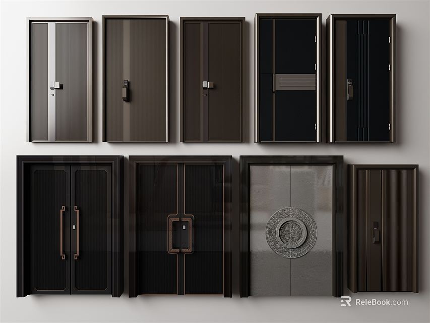 Modern Double Doors With Various Designs Metal Frames And Decorative Handles 3d model 