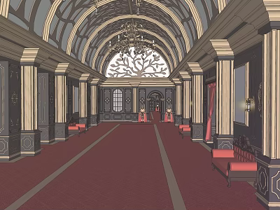 Elegant Elevator Hallway With Arched Ceiling Chandelier Columns Red Carpet And Benches 3d model