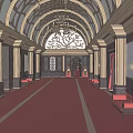 Elegant Elevator Hallway With Arched Ceiling Chandelier Columns Red Carpet And Benches 3d model