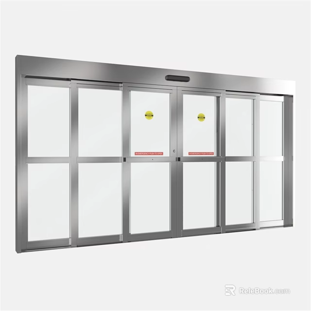 Modern Commercial Swing Door with Metal Frame and Glass Panels and Safety Signs 3d model 