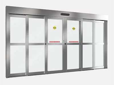 Modern Commercial Swing Door with Metal Frame and Glass Panels and Safety Signs 3d model