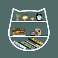 Cat Shaped Wall Cabinet With Books Toys Plants And Alarm Clock