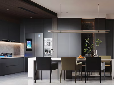 Modern Restaurant Interior with Dark Cabinets Marble Island Dining Table Pendant Lights and Appliances 3d model