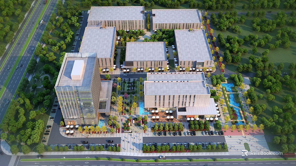 Modern Industrial Factory Complex With Multiple Buildings Landscaped Green Spaces And Parking Lots 3d model 