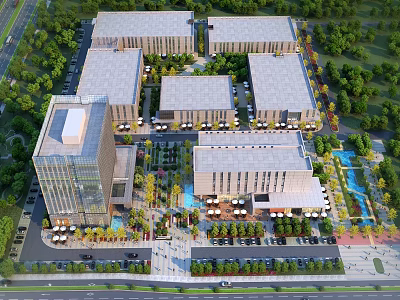 Modern Industrial Factory Complex With Multiple Buildings Landscaped Green Spaces And Parking Lots 3d model