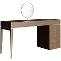 Modern Dressing Table With Round Mirror Black Gray Finish Gold Accents And Drawer Storage