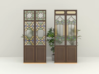 Elegant Wooden Room Dividers With Stained Glass Panels And Geometric Patterns Near Potted Plant 3d model