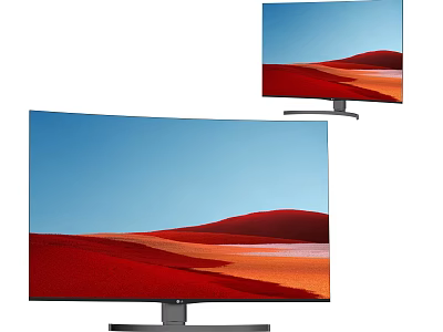 Curved and Flat Screen TVs Displaying Red Desert Scenery with Blue Sky 3d model