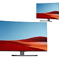 Curved and Flat Screen TVs Displaying Red Desert Scenery with Blue Sky
