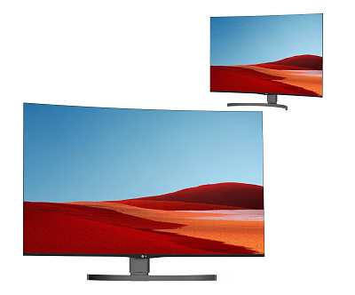 Curved and Flat Screen TVs Displaying Red Desert Scenery with Blue Sky 3d model