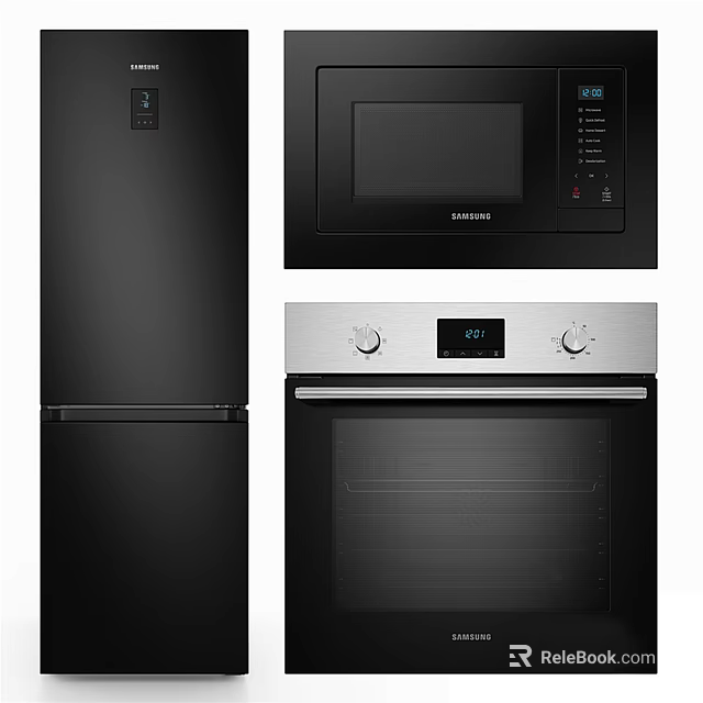 Sleek Modern Kitchen Appliances Including Refrigerator Microwave And Oven With Black Silver Design 3d model 