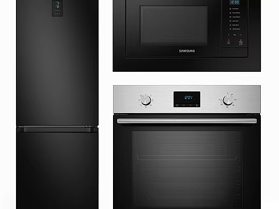 Sleek Modern Kitchen Appliances Including Refrigerator Microwave And Oven With Black Silver Design 3d model