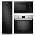 Sleek Modern Kitchen Appliances Including Refrigerator Microwave And Oven With Black Silver Design